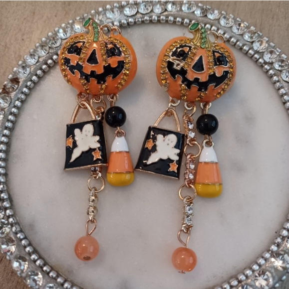 Orange Jack-o-lantern Halloween Candy Rhinestone Dangle Drop Stud Earrings - Picture 9 of 11